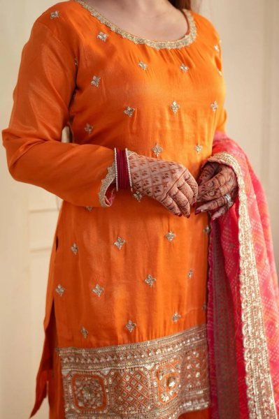 Graceful Orange Chinon Kurta Palazzo Set with Sequins Work And Digital Print Dupatta for Women Ready To Wear Collection