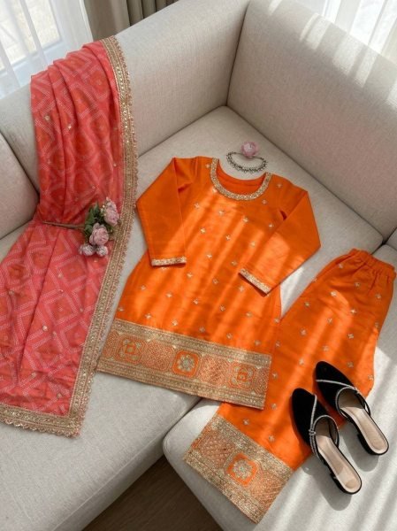 Graceful Orange Chinon Kurta Palazzo Set with Sequins Work And Digital Print Dupatta for Women Ready To Wear Collection