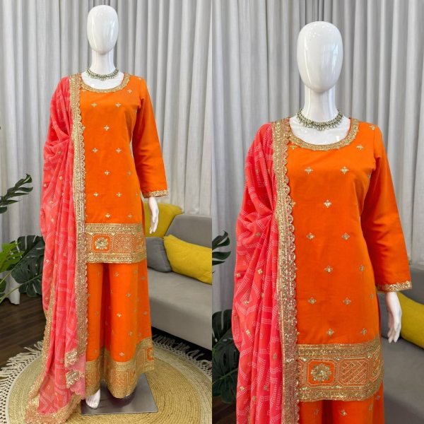 Graceful Orange Chinon Kurta Palazzo Set with Sequins Work And Digital Print Dupatta for Women Ready To Wear Collection