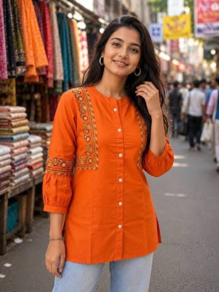 Graceful Orange Cotton Embroidered Kurti with 3 4 Sleeves for Women Kurtis