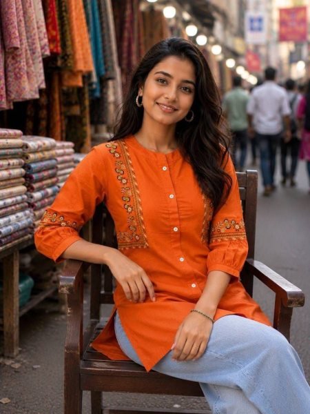 Graceful Orange Cotton Embroidered Kurti with 3 4 Sleeves for Women Tunics kurti