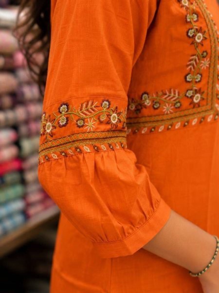 Graceful Orange Cotton Embroidered Kurti with 3 4 Sleeves for Women Tunics kurti