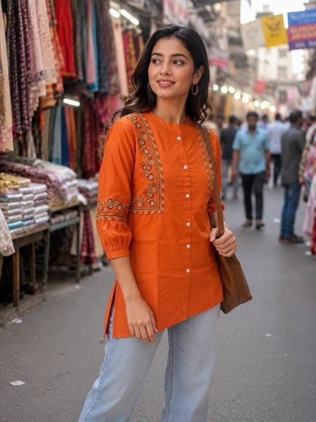 Graceful Orange Cotton Embroidered Kurti with 3 4 Sleeves for Women Tunics kurti