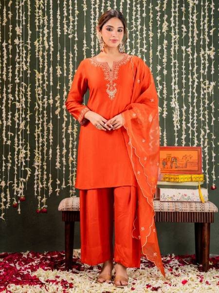 Effortless Orange Embroidered Chanderi Salwar Kurti With Organza Dupatta 