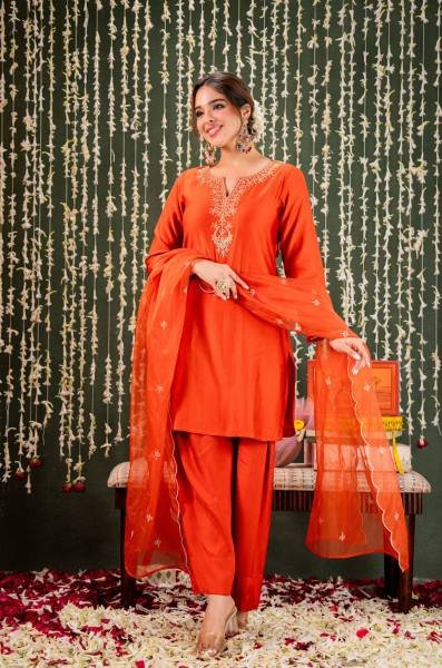 Effortless Orange Embroidered Chanderi Salwar Kurti With Organza Dupatta Embroidery Kurtis 