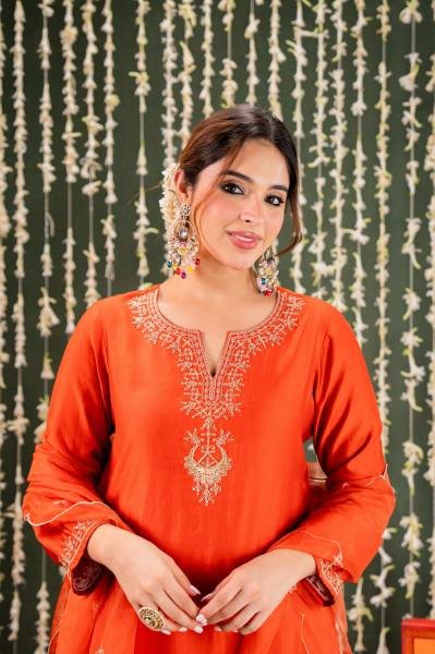 Effortless Orange Embroidered Chanderi Salwar Kurti With Organza Dupatta Embroidery Kurtis 
