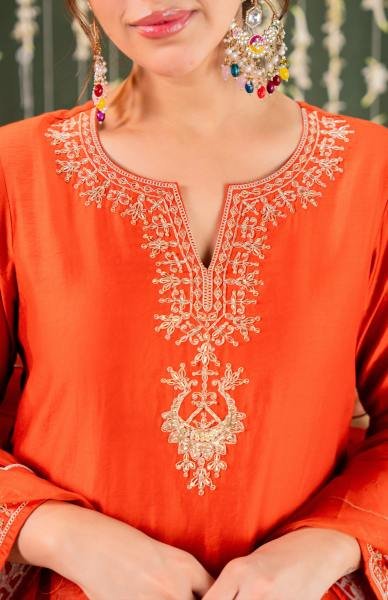 Effortless Orange Embroidered Chanderi Salwar Kurti With Organza Dupatta Embroidery Kurtis 