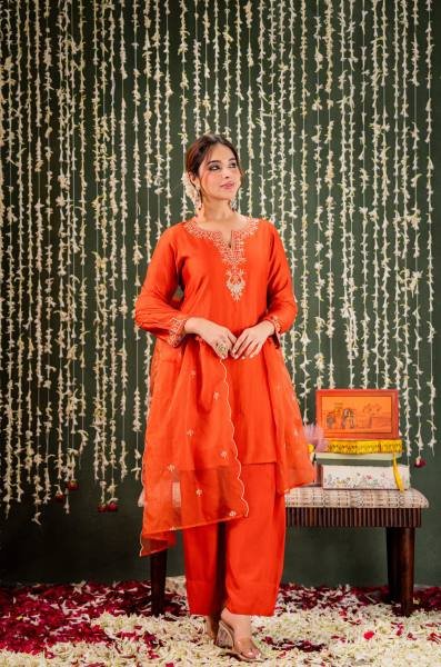 Effortless Orange Embroidered Chanderi Salwar Kurti With Organza Dupatta Embroidery Kurtis 