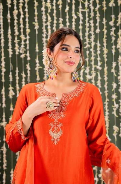 Effortless Orange Embroidered Chanderi Salwar Kurti With Organza Dupatta Embroidery Kurtis 