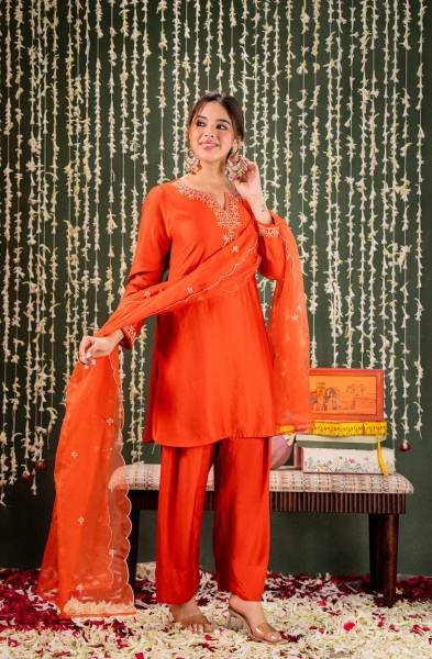 Effortless Orange Embroidered Chanderi Salwar Kurti With Organza Dupatta Embroidery Kurtis 