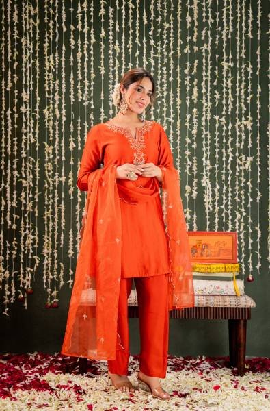 Effortless Orange Embroidered Chanderi Salwar Kurti With Organza Dupatta Embroidery Kurtis 