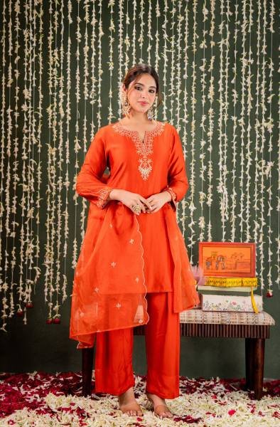 Effortless Orange Embroidered Chanderi Salwar Kurti With Organza Dupatta Embroidery Kurtis 