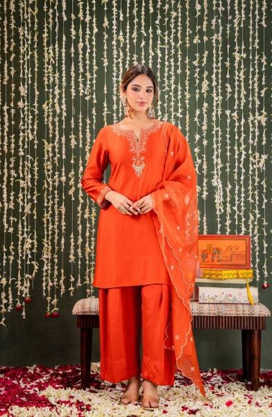 Effortless Orange Embroidered Chanderi Salwar Kurti With Organza Dupatta Embroidery Kurtis 