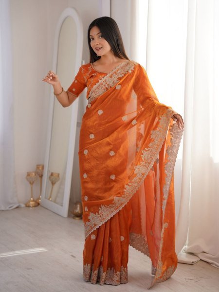 Graceful Orange Fendy Crush Party Wear Saree with Heavy Zari Embroidered Blouse Sarees 