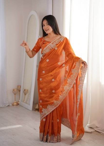 Graceful Orange Fendy Crush Party Wear Saree with Heavy Zari Embroidered Blouse Embroidery Sarees Wholesale