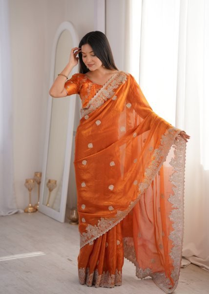 Graceful Orange Fendy Crush Party Wear Saree with Heavy Zari Embroidered Blouse Embroidery Sarees Wholesale
