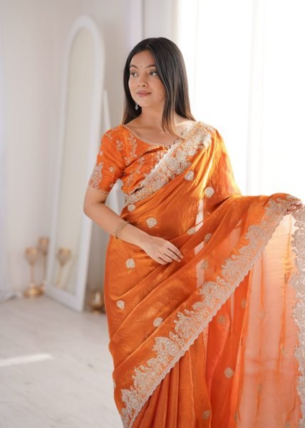 Graceful Orange Fendy Crush Party Wear Saree with Heavy Zari Embroidered Blouse Embroidery Sarees Wholesale