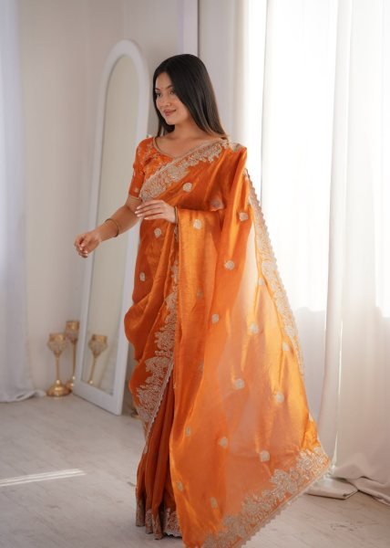 Graceful Orange Fendy Crush Party Wear Saree with Heavy Zari Embroidered Blouse Embroidery Sarees Wholesale