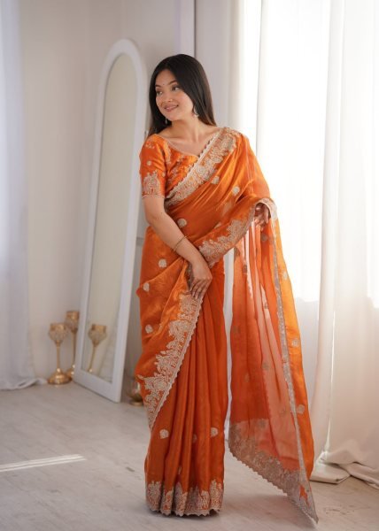 Graceful Orange Fendy Crush Party Wear Saree with Heavy Zari Embroidered Blouse Embroidery Sarees Wholesale