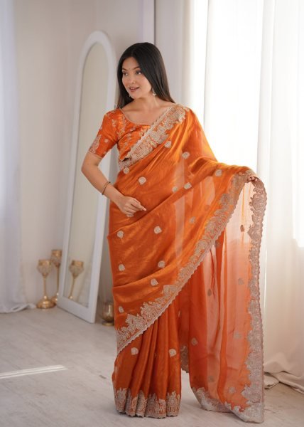 Graceful Orange Fendy Crush Party Wear Saree with Heavy Zari Embroidered Blouse Embroidery Sarees Wholesale