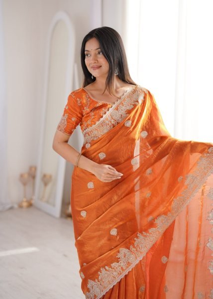 Graceful Orange Fendy Crush Party Wear Saree with Heavy Zari Embroidered Blouse Embroidery Sarees Wholesale