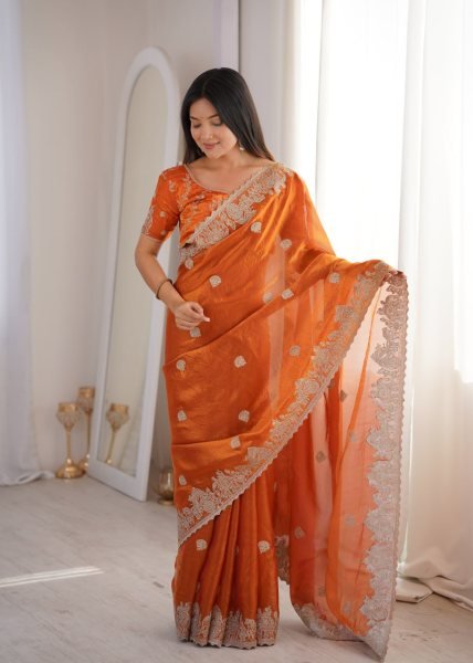 Graceful Orange Fendy Crush Party Wear Saree with Heavy Zari Embroidered Blouse Embroidery Sarees Wholesale