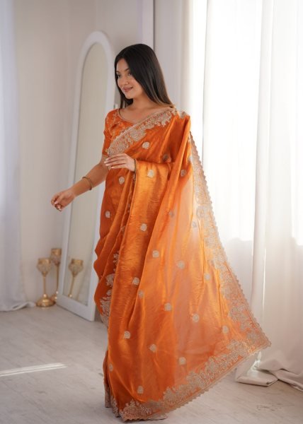 Graceful Orange Fendy Crush Party Wear Saree with Heavy Zari Embroidered Blouse Embroidery Sarees Wholesale