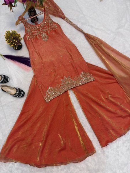 Graceful Orange Fully Stitched Beads   Multi Needle Embroidery Silk Plazzo Set with Dupatta at Party Wear