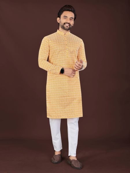 Graceful Orange Men's Cotton Kurta Pant with Original Handcrafted Chikankari Work 