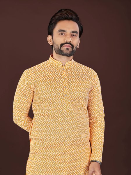 Graceful Orange Men's Cotton Kurta Pant with Original Handcrafted Chikankari Work Kurta Pajama Wholesale