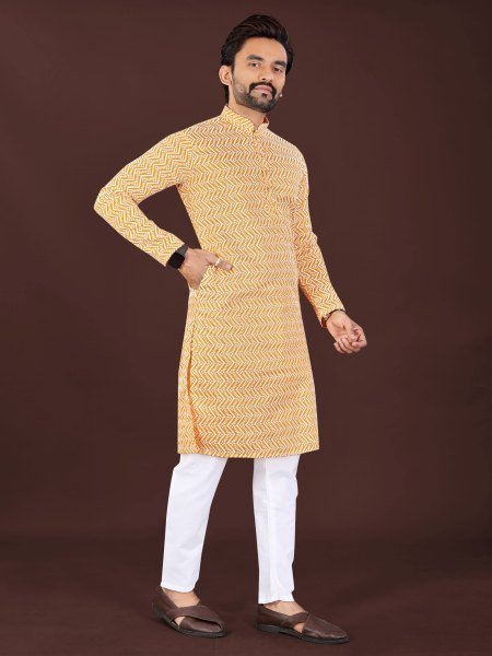 Graceful Orange Men's Cotton Kurta Pant with Original Handcrafted Chikankari Work Kurta Pajama Wholesale