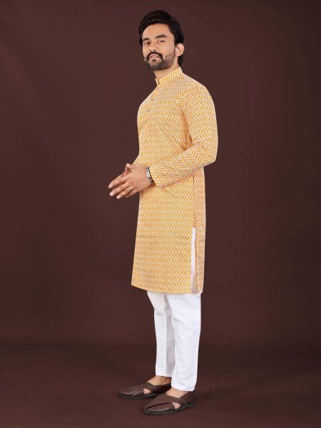 Graceful Orange Men's Cotton Kurta Pant with Original Handcrafted Chikankari Work Kurta Pajama Wholesale