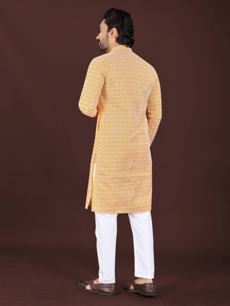 Graceful Orange Men's Cotton Kurta Pant with Original Handcrafted Chikankari Work Kurta Pajama Wholesale