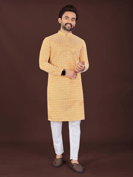 Graceful Orange Men's Cotton Kurta Pant with Original Handcrafted Chikankari Work Kurta Pajama Wholesale