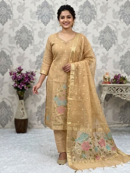 Graceful Orange Premium Crushed Tissue Embroidered Suit at Wholesale Price 