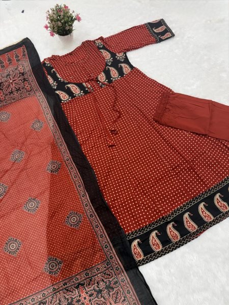 Graceful Original Jaipuri Cotton Ajrakh Anarkali Suit Set with Dupatta for Women Ethnic Wear Embroidery Kurtis 