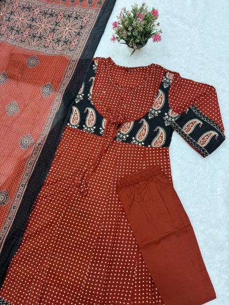 Graceful Original Jaipuri Cotton Ajrakh Anarkali Suit Set with Dupatta for Women Ethnic Wear Embroidery Kurtis 