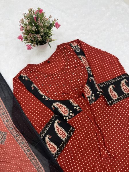 Graceful Original Jaipuri Cotton Ajrakh Anarkali Suit Set with Dupatta for Women Ethnic Wear Embroidery Kurtis 