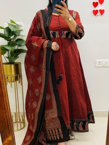 Graceful Original Jaipuri Cotton Ajrakh Anarkali Suit Set with Dupatta for Women Ethnic Wear Embroidery Kurtis 