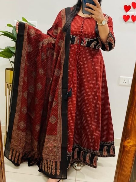 Graceful Original Jaipuri Cotton Ajrakh Anarkali Suit Set with Dupatta for Women Ethnic Wear Embroidery Kurtis 