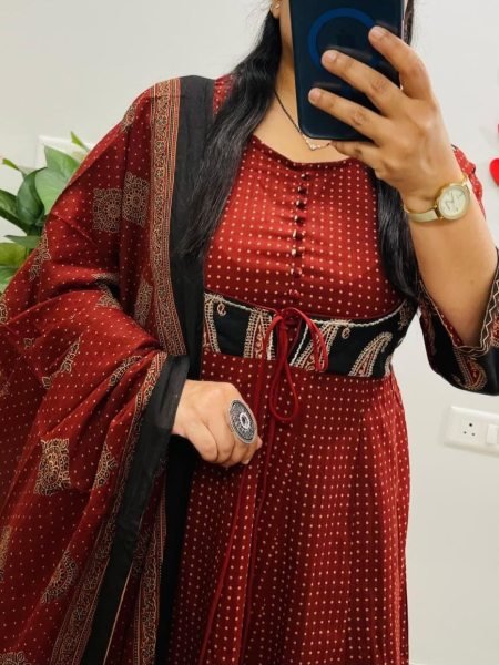 Graceful Original Jaipuri Cotton Ajrakh Anarkali Suit Set with Dupatta for Women Ethnic Wear Embroidery Kurtis 