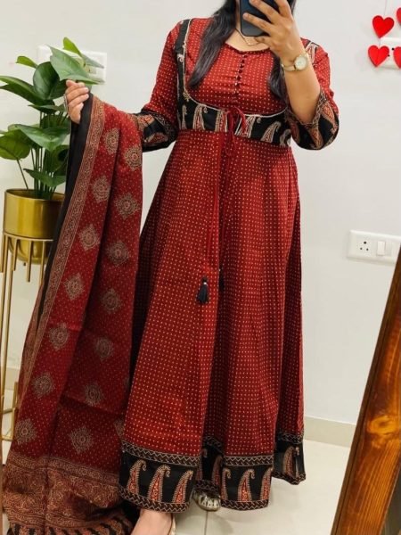 Graceful Original Jaipuri Cotton Ajrakh Anarkali Suit Set with Dupatta for Women Ethnic Wear Embroidery Kurtis 