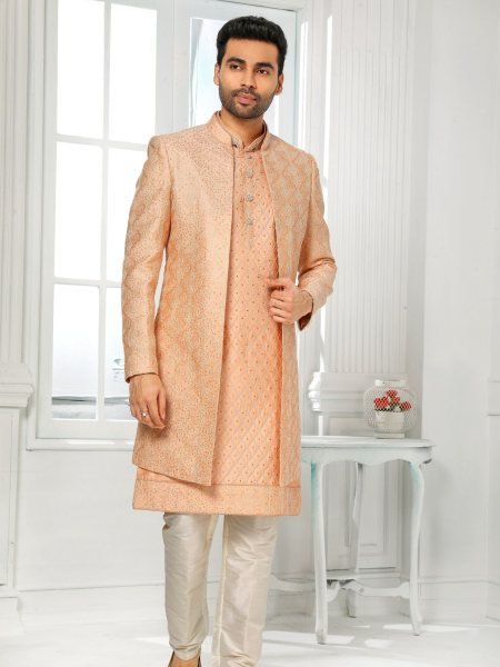 Graceful Peach Mens Ethnic 3 Piece Jacket Set with Embroidery at Manufacturer Price Mens Wear