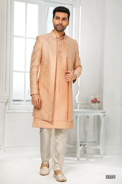 Graceful Peach Mens Ethnic 3 Piece Jacket Set with Embroidery at Manufacturer Price Kurta Pajama Wholesale