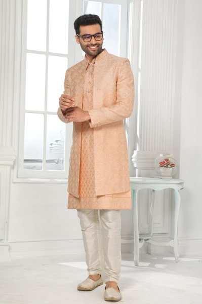 Graceful Peach Mens Ethnic 3 Piece Jacket Set with Embroidery at Manufacturer Price Kurta Pajama Wholesale