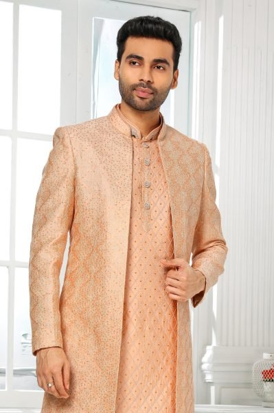 Graceful Peach Mens Ethnic 3 Piece Jacket Set with Embroidery at Manufacturer Price Kurta Pajama Wholesale
