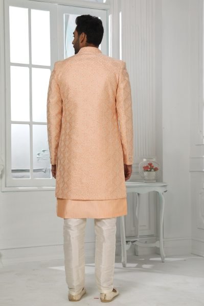 Graceful Peach Mens Ethnic 3 Piece Jacket Set with Embroidery at Manufacturer Price Kurta Pajama Wholesale