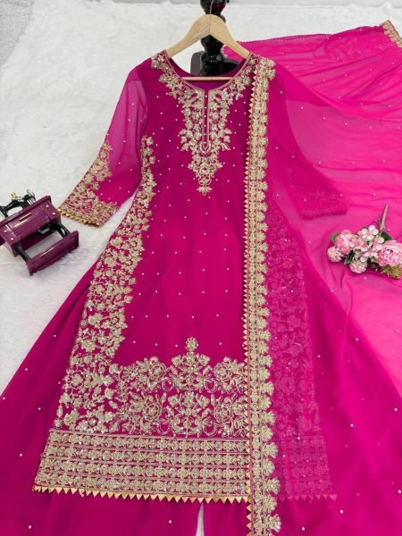 Graceful Pink Designer Roman Glass Embroidered Kurti with Chudidar and Dupatta Ready To Wear Collection