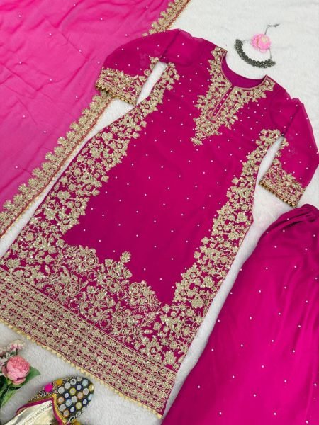 Graceful Pink Designer Roman Glass Embroidered Kurti with Chudidar and Dupatta Ready To Wear Collection