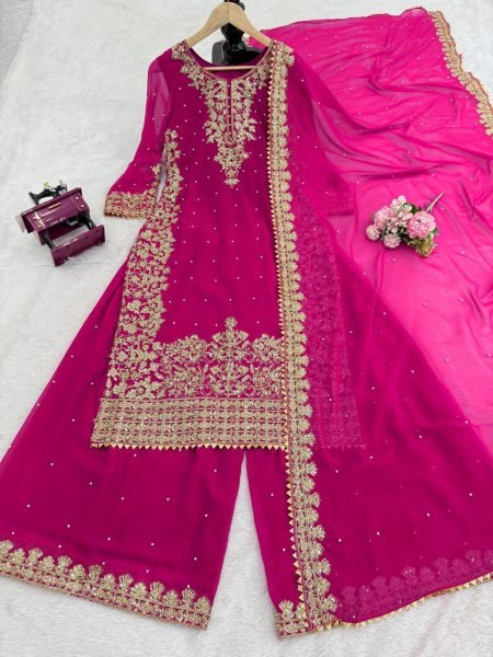 Graceful Pink Designer Roman Glass Embroidered Kurti with Chudidar and Dupatta Ready To Wear Collection